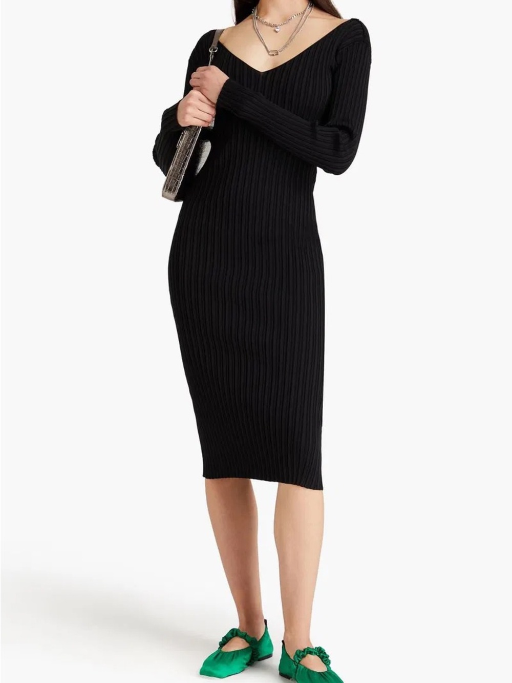 Acne Studios Black Ribbed V‑Neck Midi Dress
